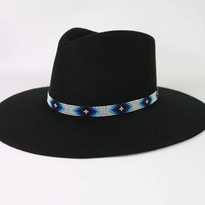 Western Beaded Hat Band - White/Blue 2 Western Beaded Hat Band - White/Blue - Image 2