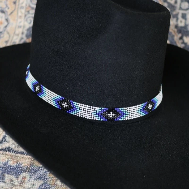 Western Beaded Hat Band - White/Blue 6 Western Beaded Hat Band - White/Blue - Image 6