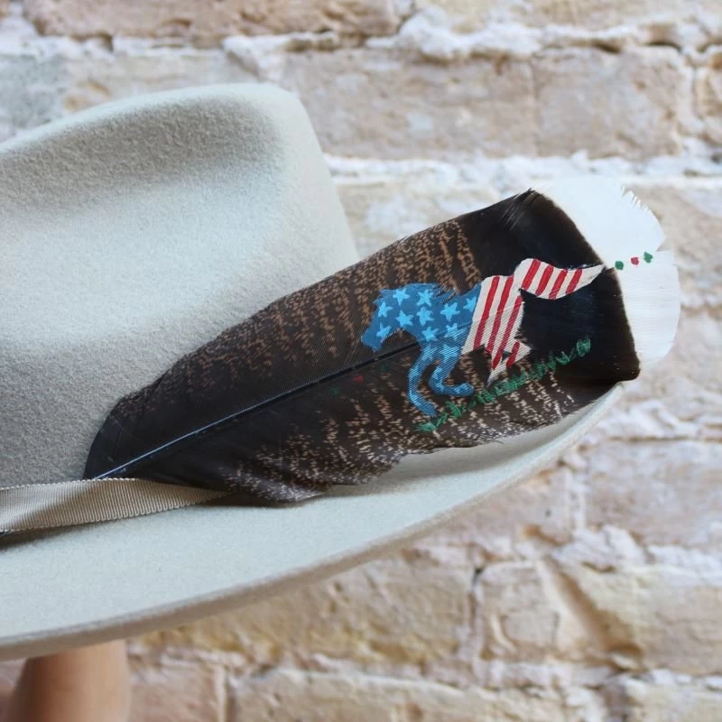 Western Hat Feather With Hand-Painted Horse USA Flag 1 Western Hat Feather With Hand-Painted Horse USA Flag